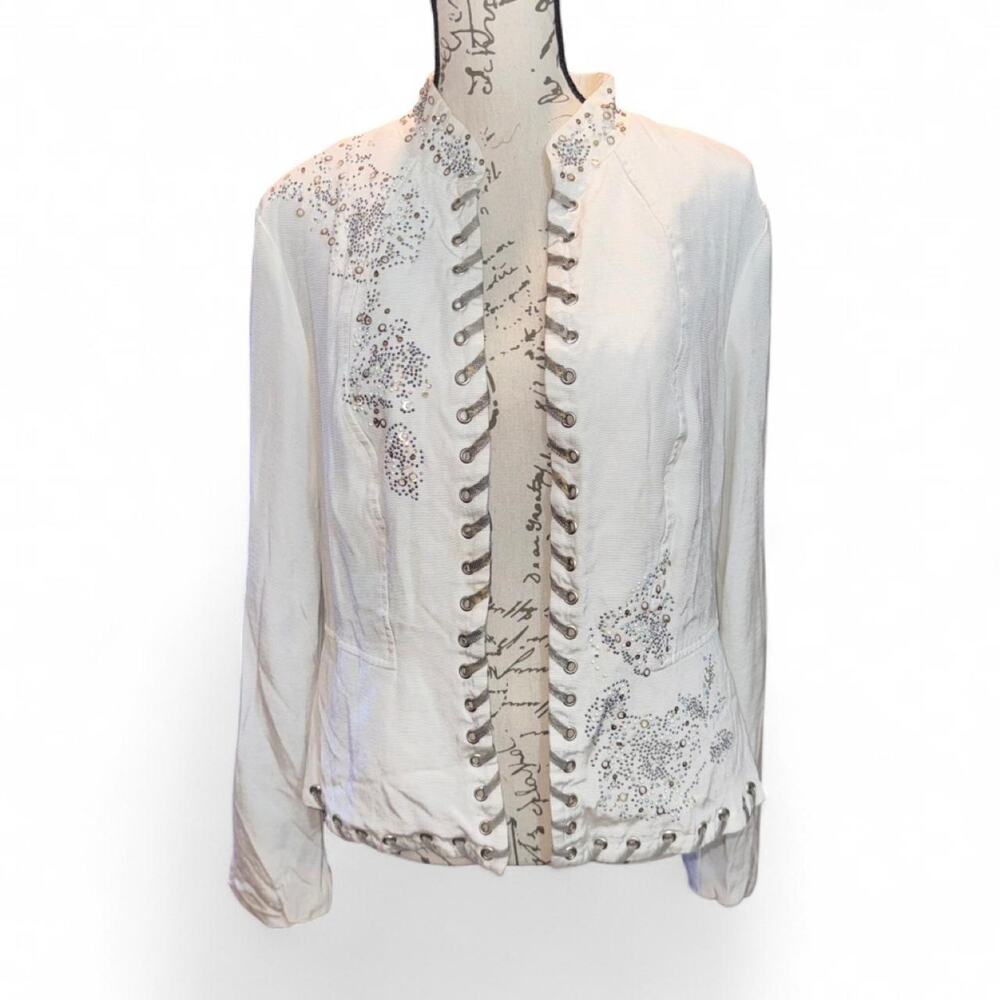 Vintage 90s Alberto Makali Lace-Up Beaded Jacket Animal Print Lining L Fairycore